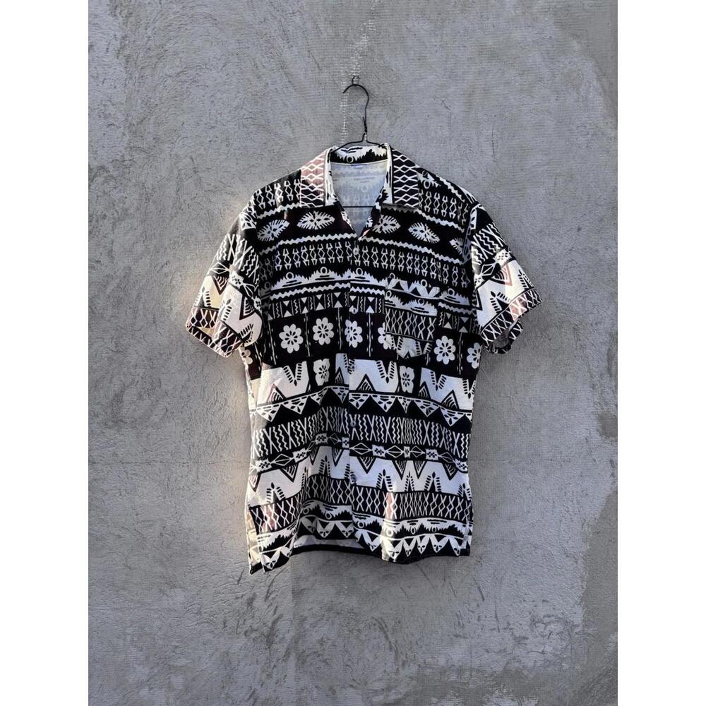 Vintage 1960s Polynesian Barkcloth Hawaiian Button Up Shirt L Ivory Brown 60s